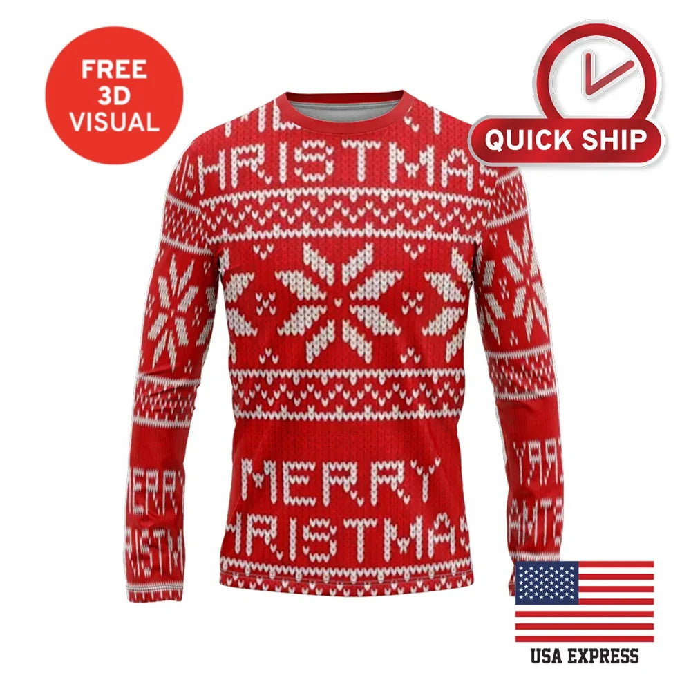 Red and white long sleeve Christmas themed performance apparel shirt