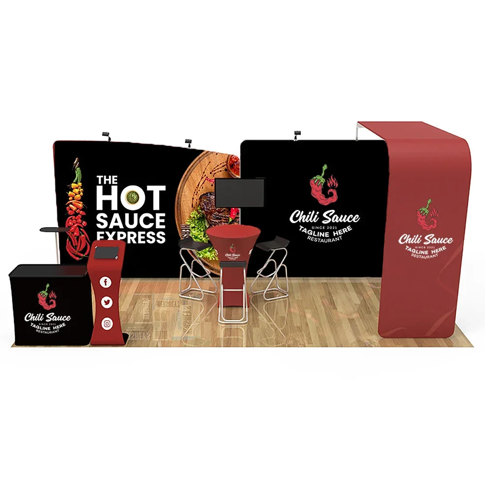 Custom trade show booth display for Chili Sauce Express with banners, podium, and counter.