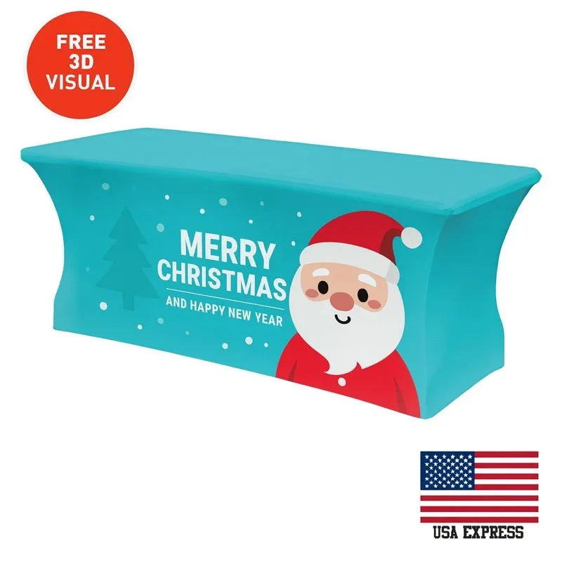 Custom teal Christmas themed table cover featuring Santa Claus and holiday greeting