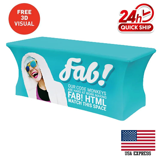 Custom turquoise stretch table cover with a branded graphic and a woman's image.