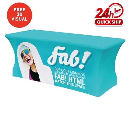 Custom turquoise table cover with 'Fab!' graphic and a person wearing sunglasses