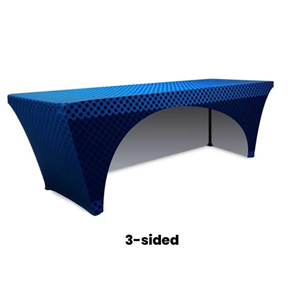 Blue 3-sided custom fitted table cover with a geometric pattern