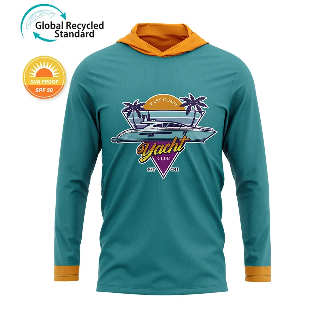 Teal long sleeve hooded performance shirt with East Coast Yacht Club graphic