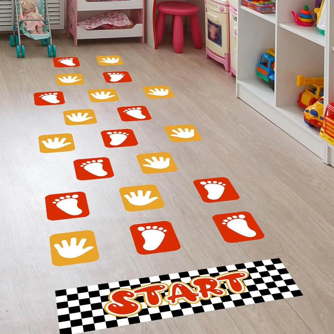 Colorful hand and foot print floor decals for a children's activity game.