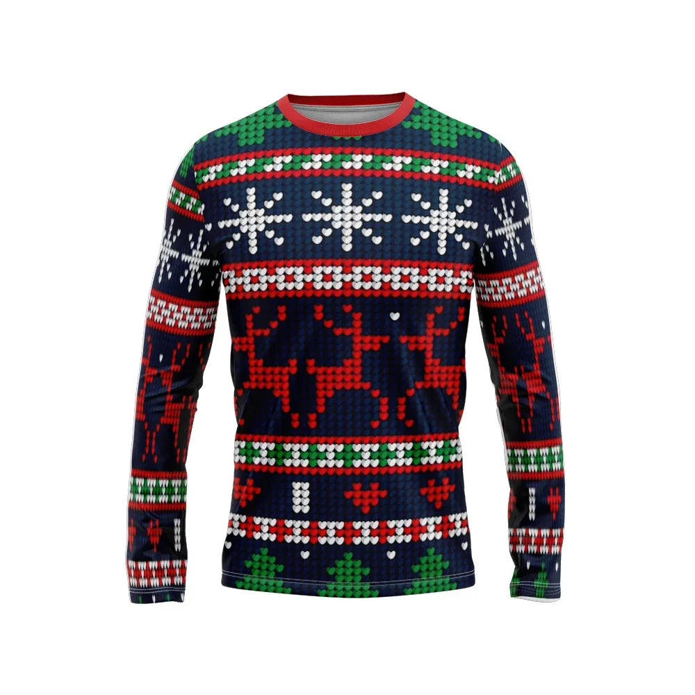 Navy blue Christmas long sleeve shirt with red and green festive patterns