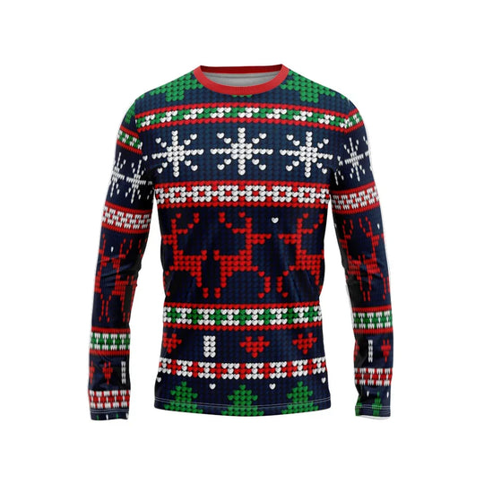 Navy blue Christmas long sleeve shirt with red and green festive patterns