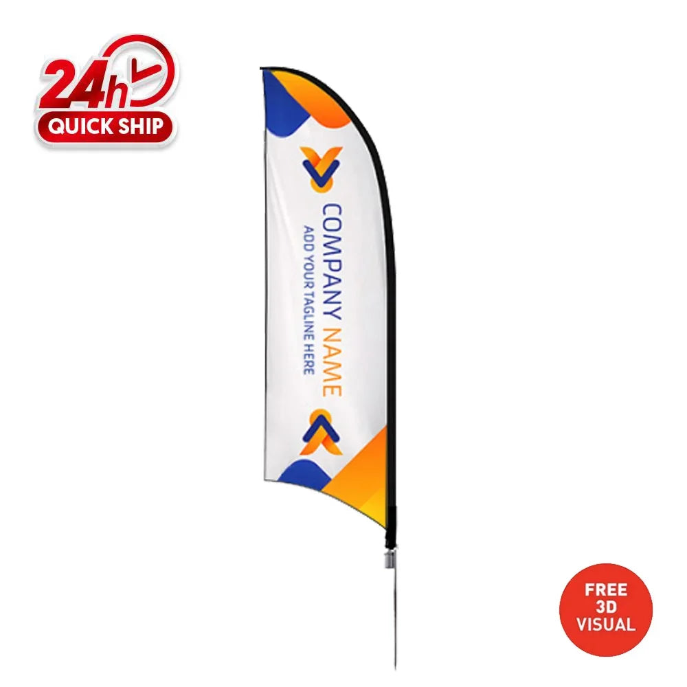 Custom branded feather flag banner with company name and logo.