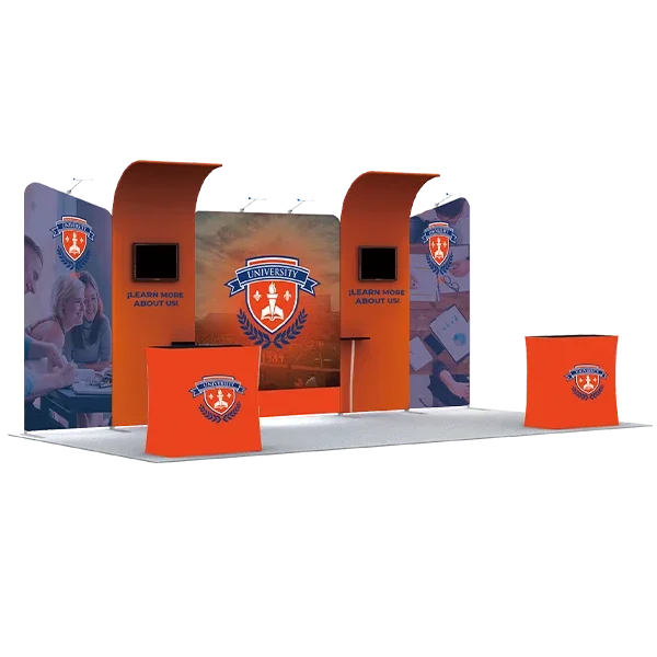 Custom orange university branded trade show display booth with banners and counter