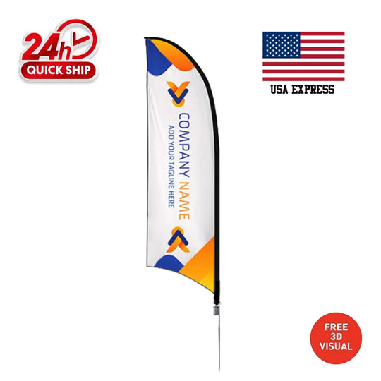 Custom teardrop shaped promotional flag with company logo and text