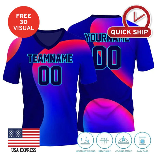 Custom blue and red gradient athletic jersey with personalized team name and number.