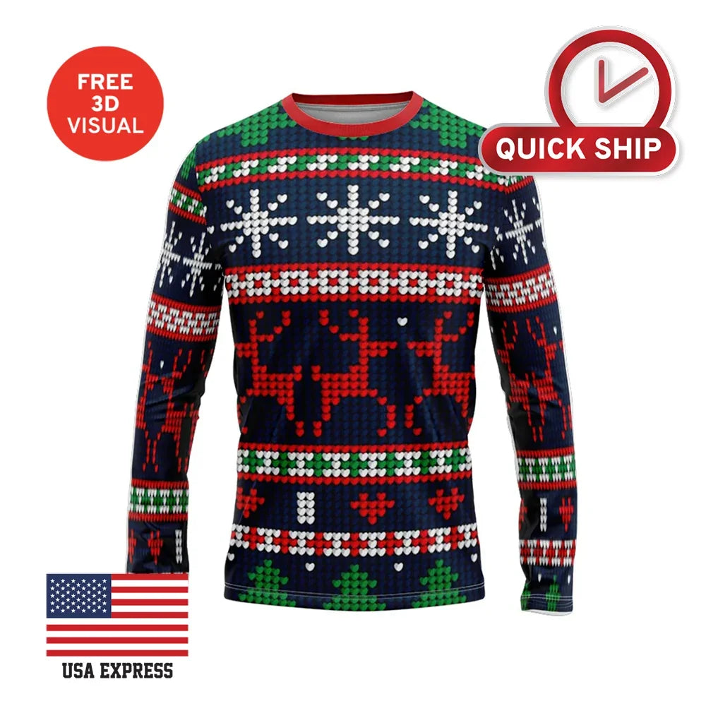 Long sleeve men's Christmas sweater shirt with reindeer and snowflake pattern