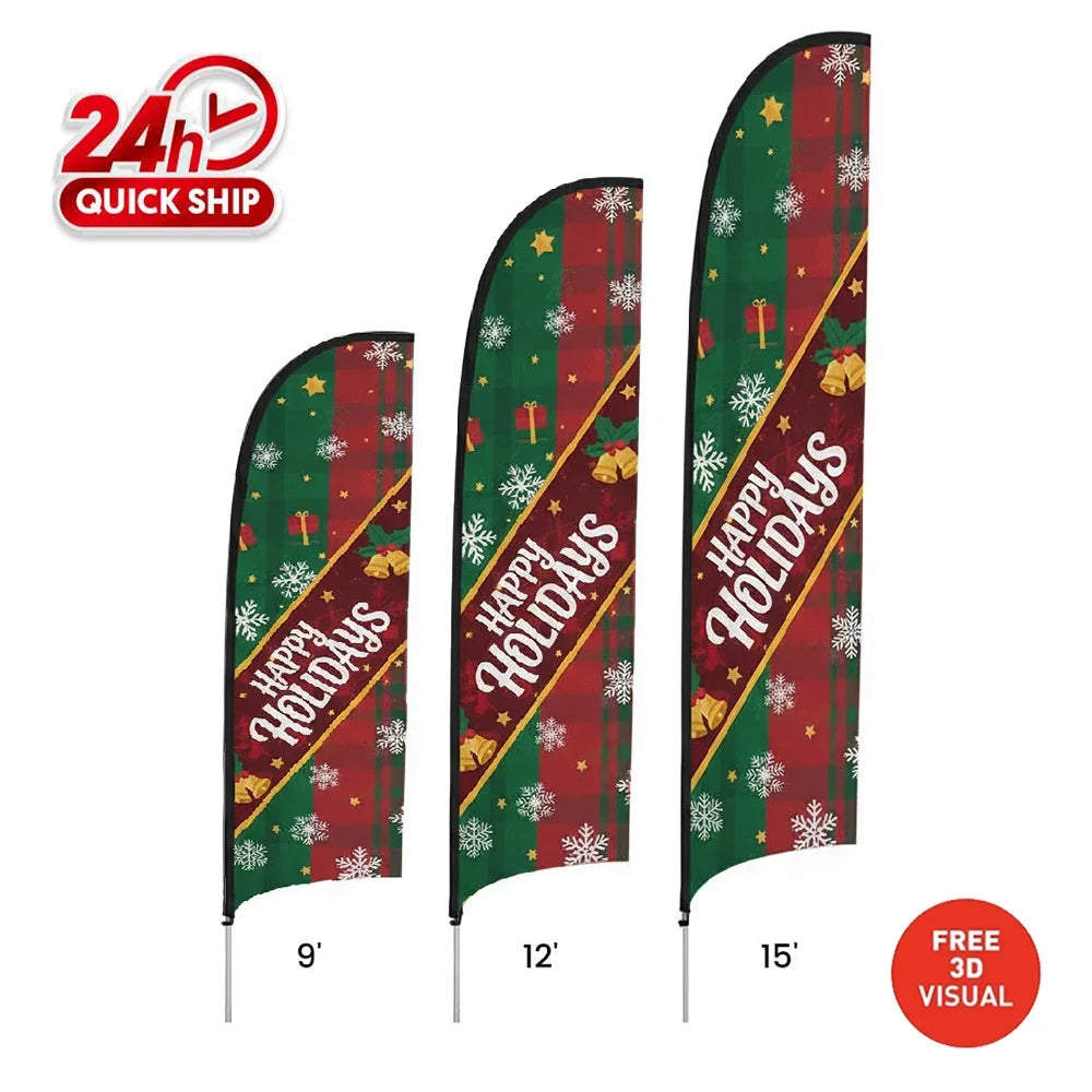 Three different sizes of custom holiday-themed feather flags in red and green plaid.