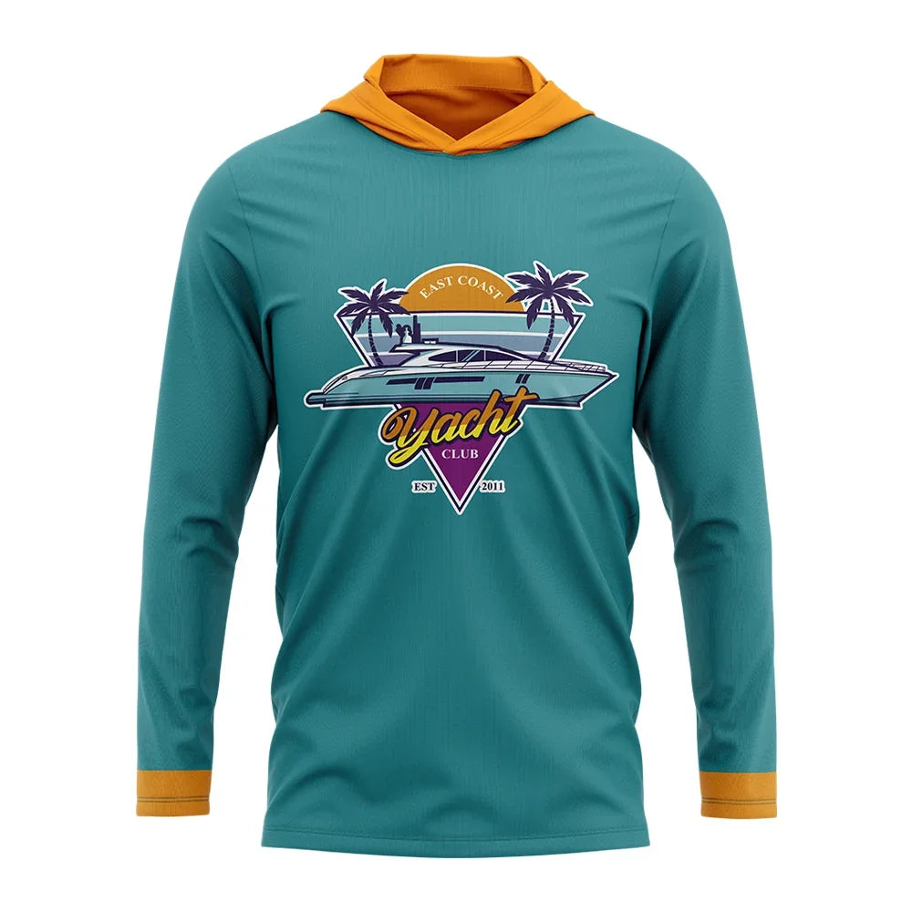 Teal long sleeve hooded performance shirt with East Coast Yacht Club graphic