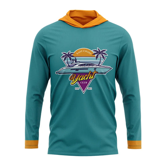 Teal long sleeve hooded performance shirt with East Coast Yacht Club graphic