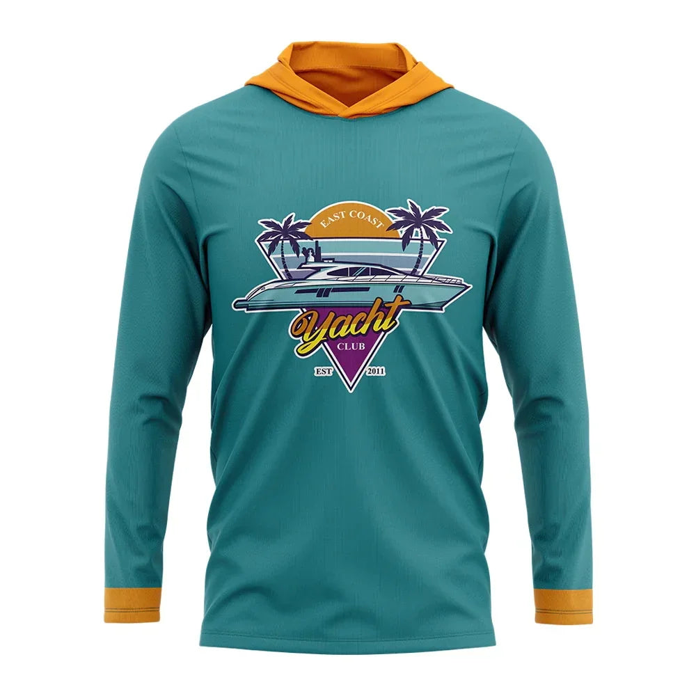 Teal long sleeve hooded shirt with East Coast Yacht Club graphic and orange trim