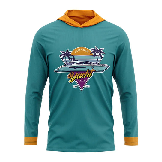 Teal long sleeve hooded shirt with East Coast Yacht Club graphic and orange trim