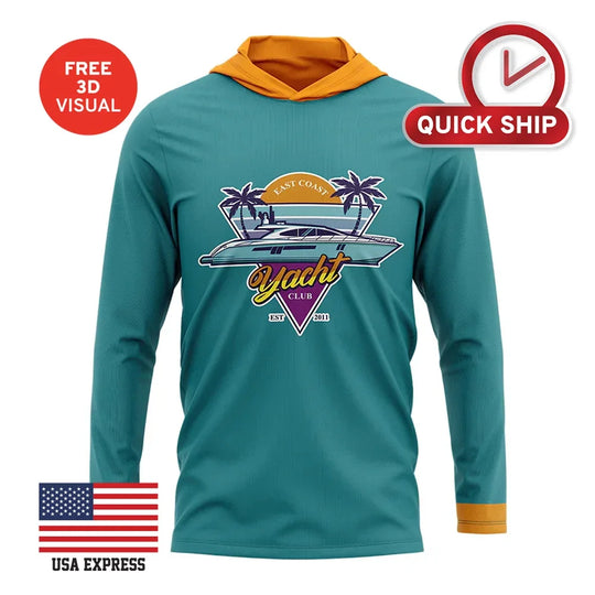 Teal long sleeve hooded performance shirt with East Coast Yacht Club graphic