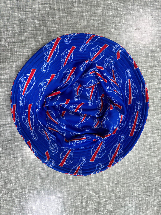 Blue bucket hat with a repeated red and white graphic pattern