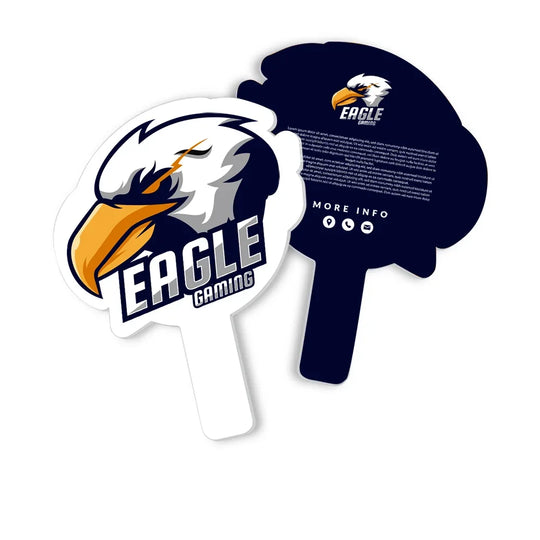 Custom Eagle Gaming branded handheld fans showing front and back designs.