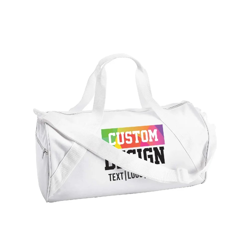 White custom design duffel bag with colorful text and adjustable shoulder strap