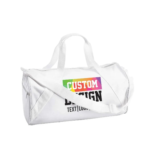White custom design duffel bag with colorful text and adjustable shoulder strap