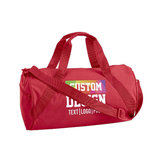 Red custom duffel bag with a colorful custom design logo