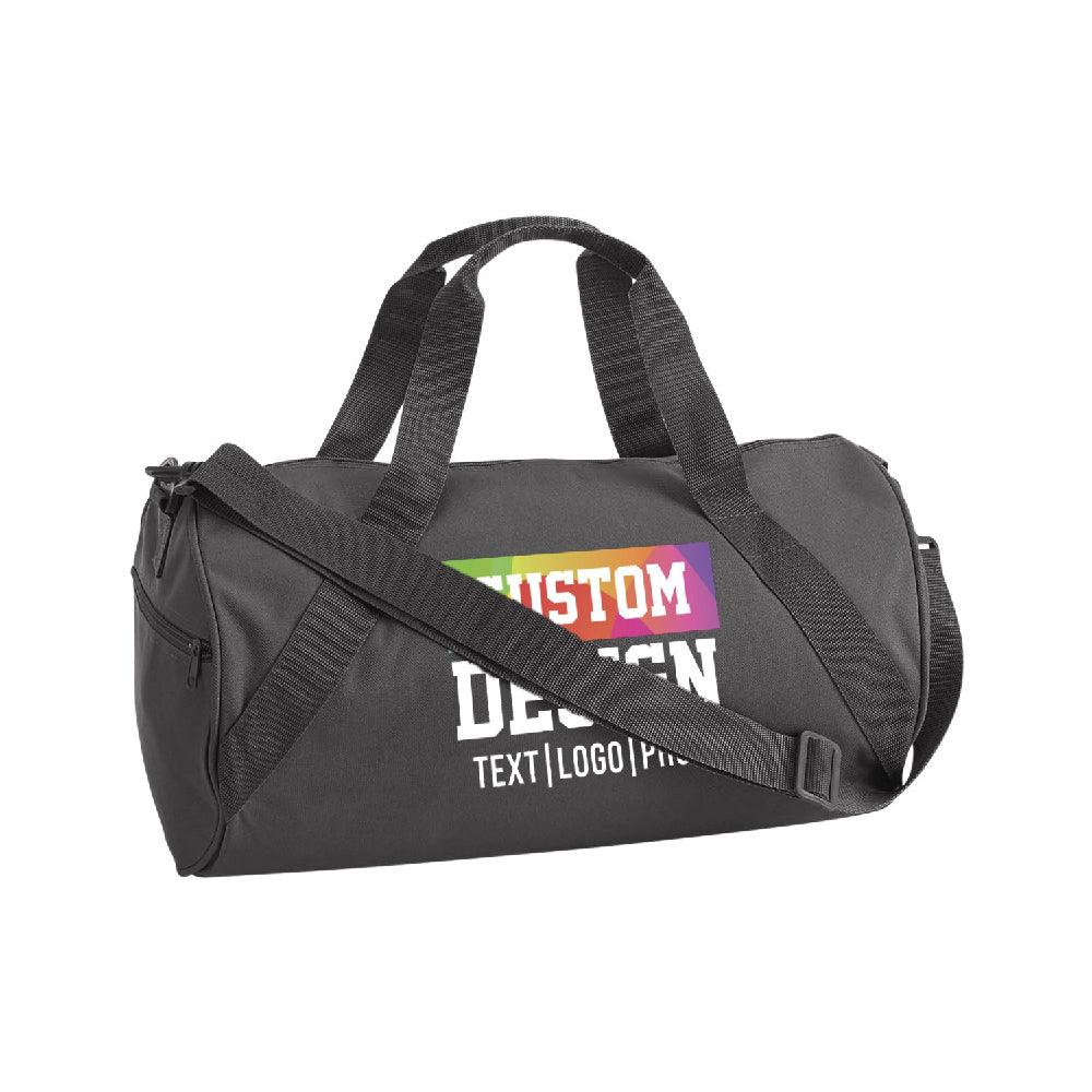 Black custom printed duffel bag with rainbow text and shoulder strap