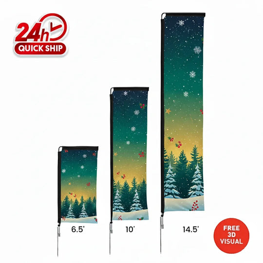 Three sizes of custom Christmas themed feather flags featuring a winter forest scene.