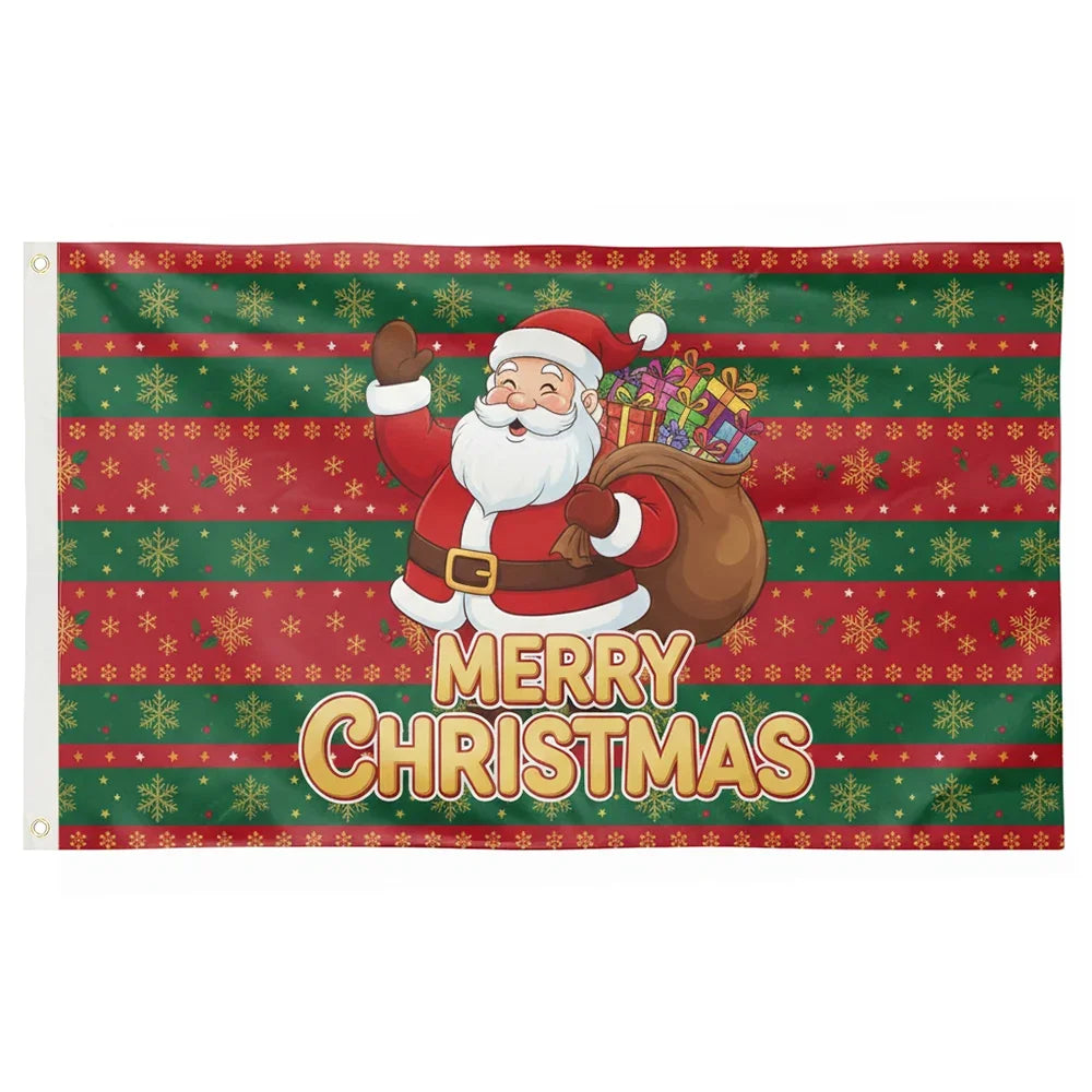 Custom Merry Christmas flag featuring Santa Claus with a sack of gifts on a red and green background