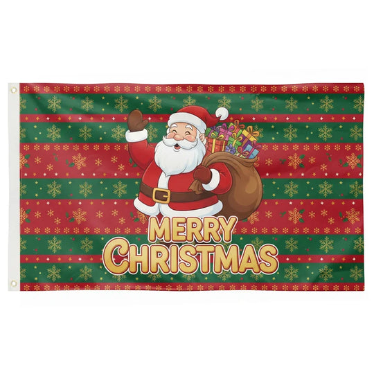 Custom Merry Christmas flag featuring Santa Claus with a sack of gifts on a red and green background