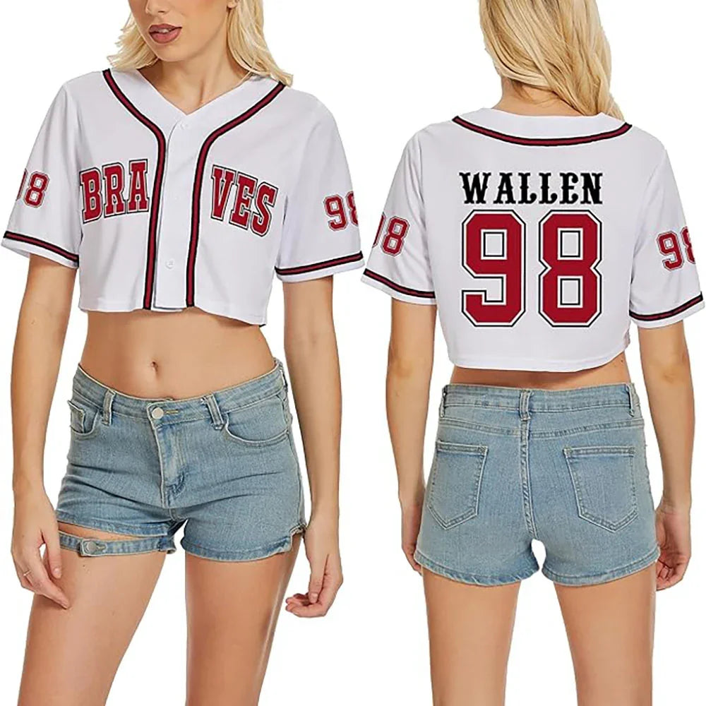 Woman wearing a white custom crop baseball jersey with 'WALLEN 98' and denim shorts.