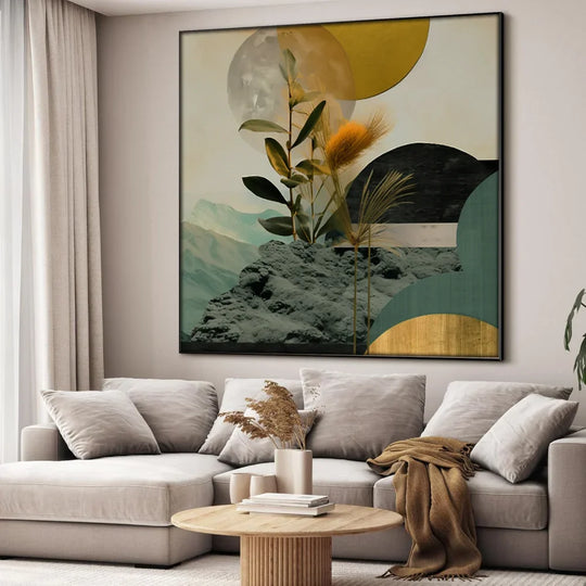 Modern abstract wall art featuring botanical elements and geometric shapes in a living room
