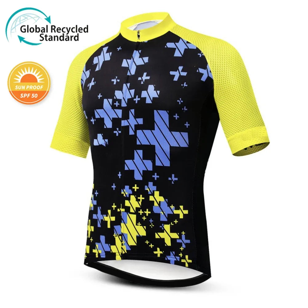 Custom cycling jersey with neon yellow sleeves and blue geometric cross pattern on black.