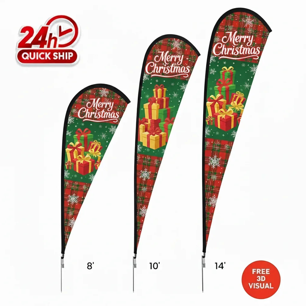 Three sizes of custom Christmas feather flags featuring gift boxes and holiday patterns.