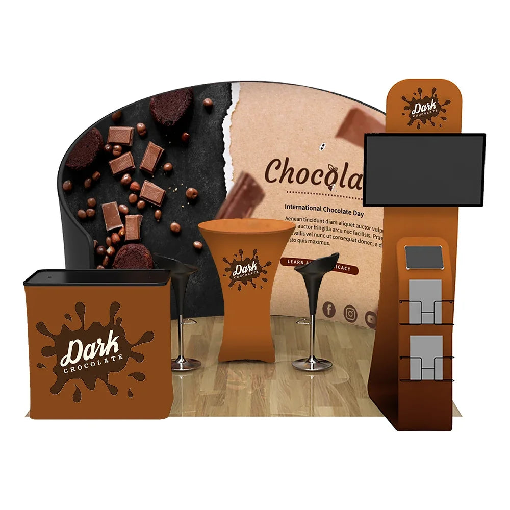 Custom chocolate themed trade show booth with branded backdrop, counter, and brochure stand.
