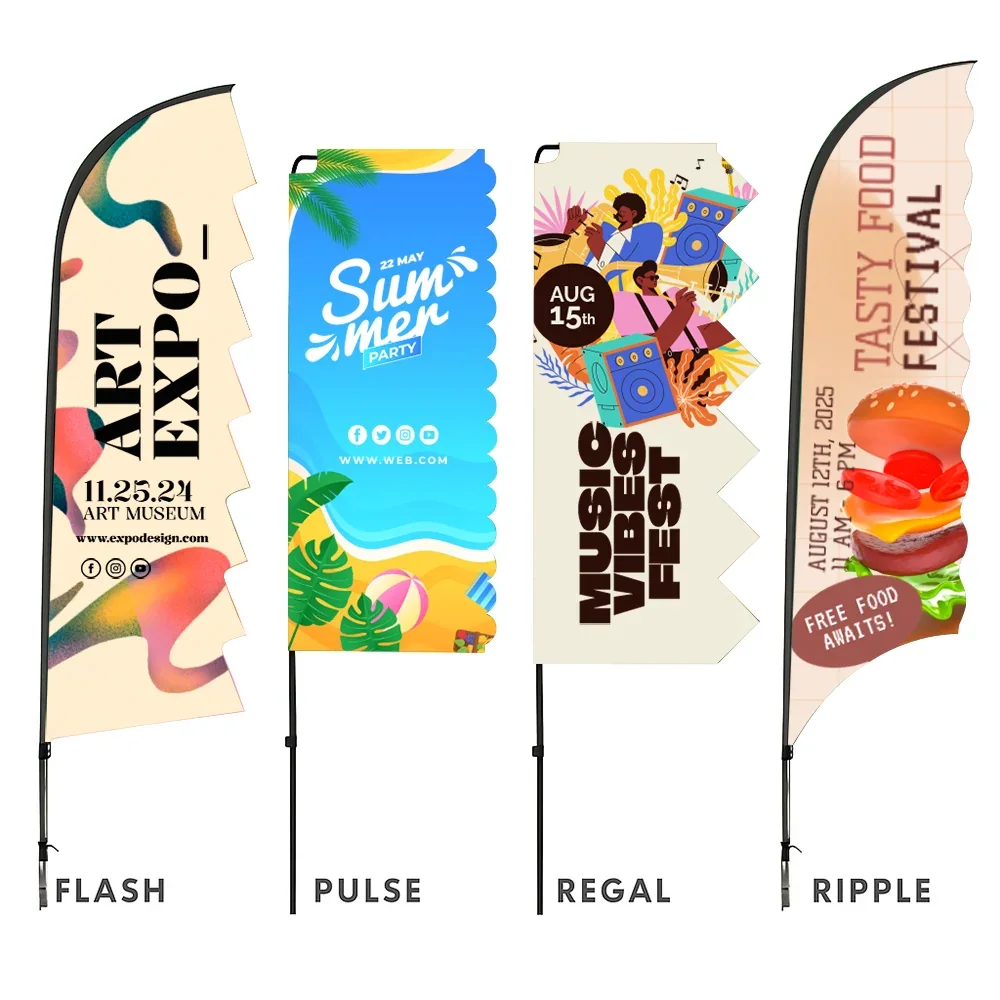 Four different styles of custom feather flags: Flash, Pulse, Regal, and Ripple designs.
