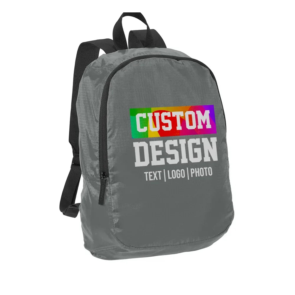 Grey custom design backpack with colorful graphic text