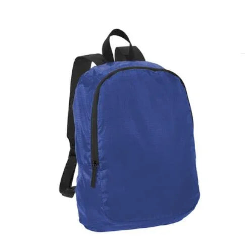 Blue custom promotional backpack with black straps and zipper
