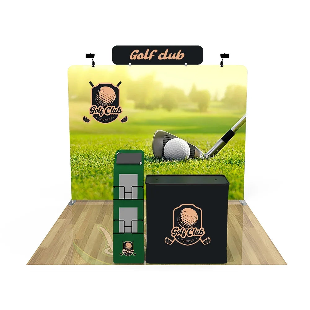 Custom branded golf club exhibition display with backdrop, podium, and brochure stand.