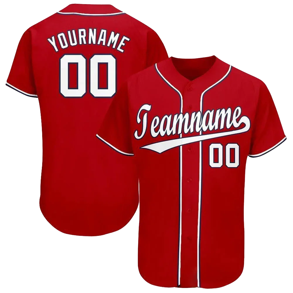 Front and back view of a custom red baseball jersey with white lettering and number 00