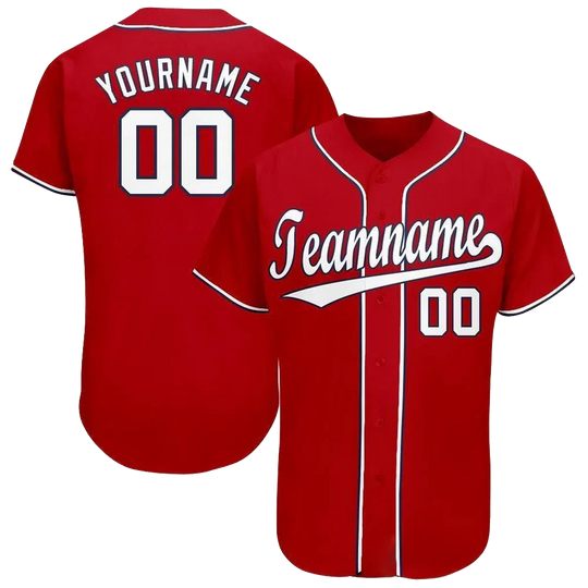 Front and back view of a custom red baseball jersey with white lettering and number 00