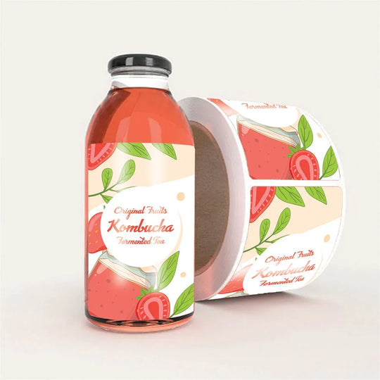 Custom printed labels for Original Fruits Kombucha fermented tea bottles