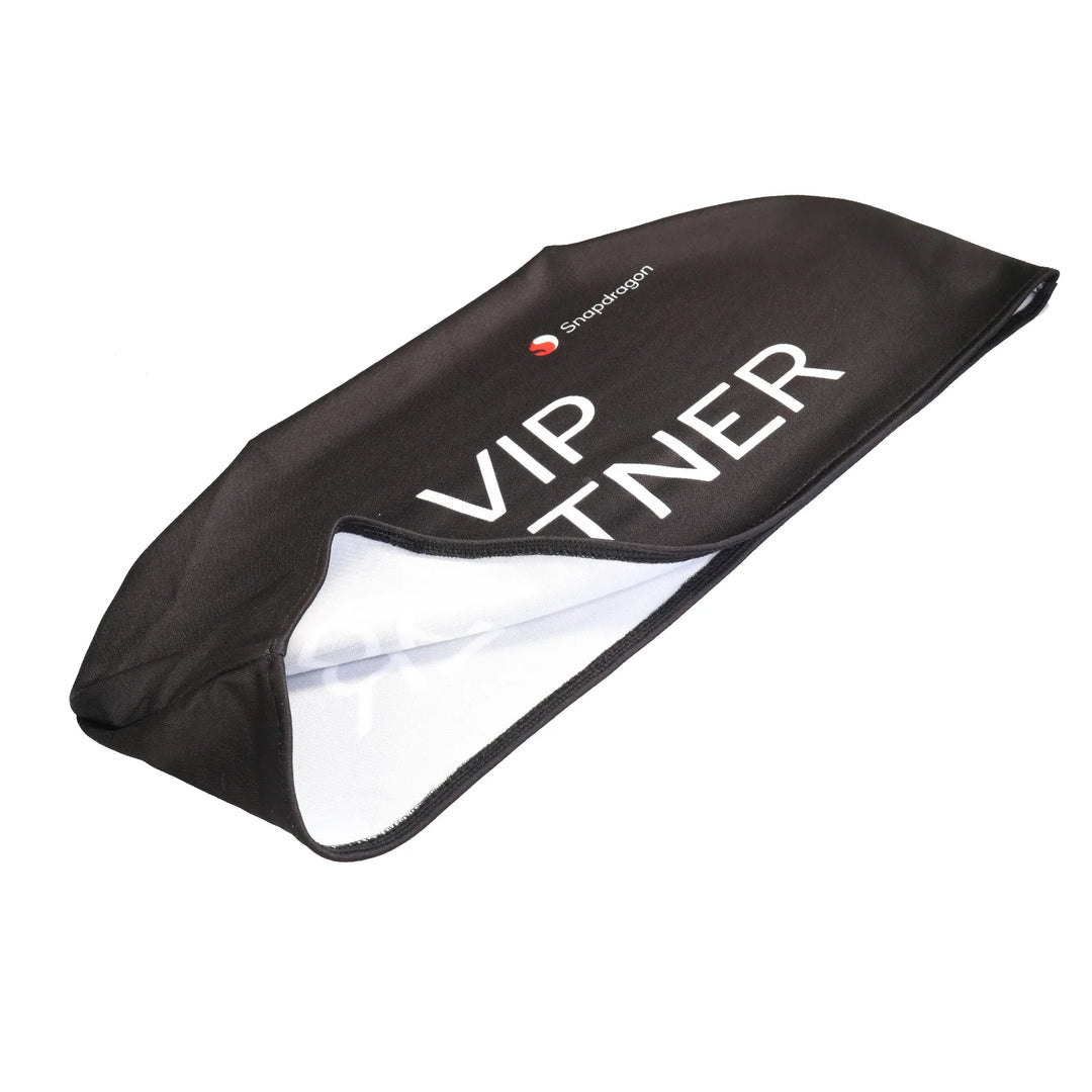 Black custom table cover with white VIP PARTNER text and Snapdragon logo