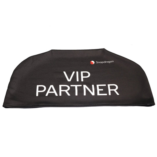 Black custom table cover with white VIP PARTNER text and Snapdragon logo