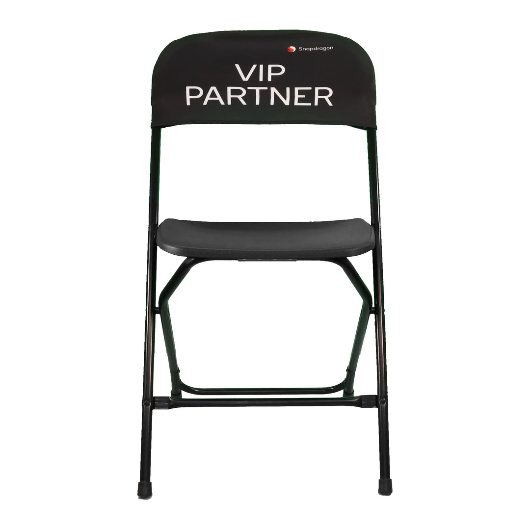 Black folding chair with custom VIP PARTNER and Snapdragon branding on the backrest