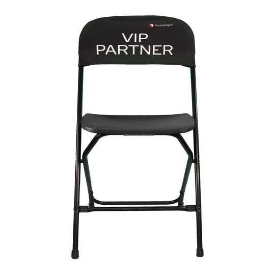 Black folding chair with custom VIP PARTNER and Snapdragon branding on the backrest