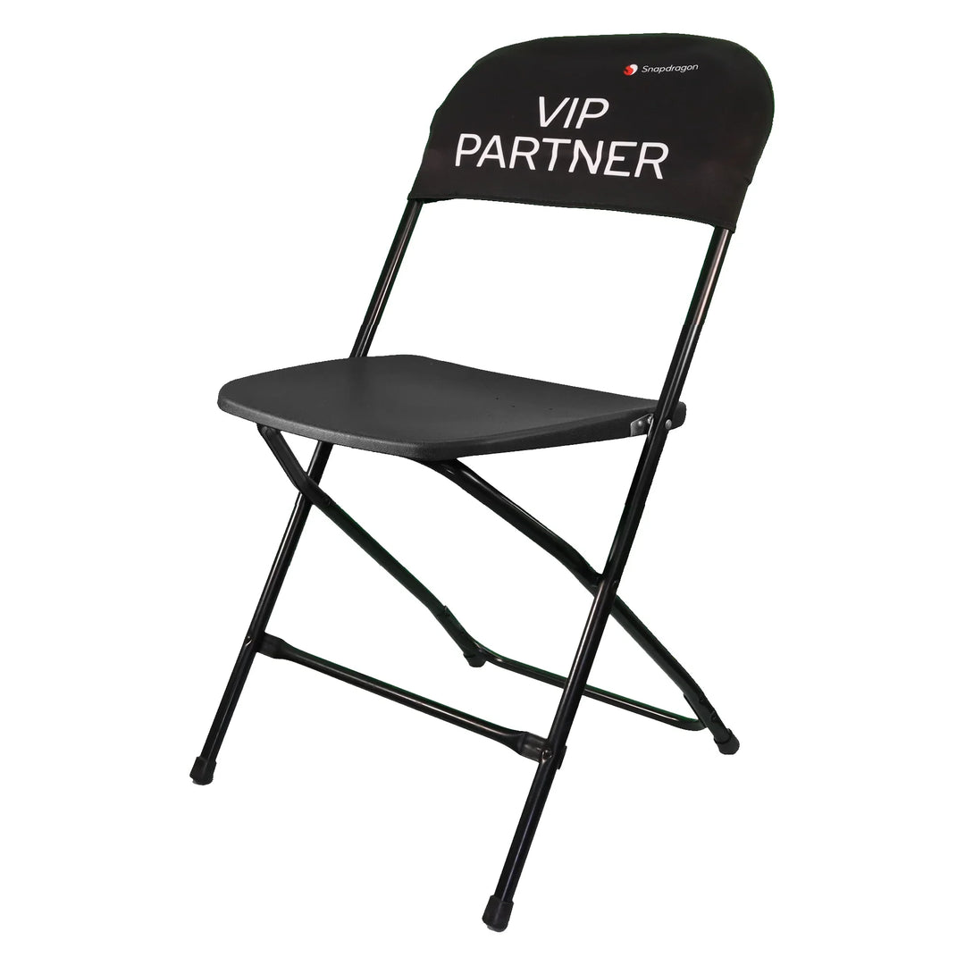 Black custom folding chair with VIP PARTNER branding on the backrest