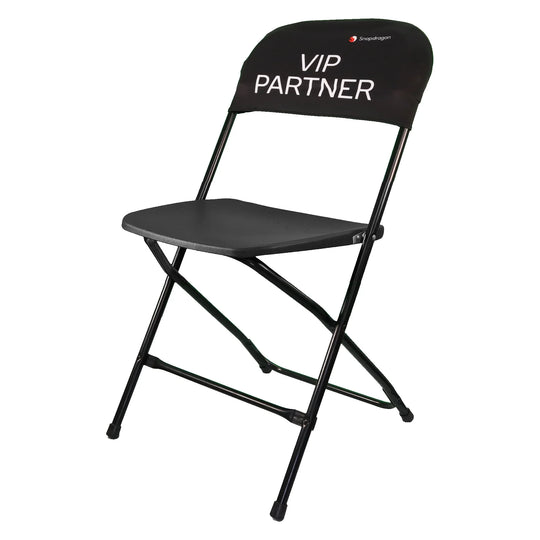 Black custom folding chair with VIP PARTNER branding on the backrest