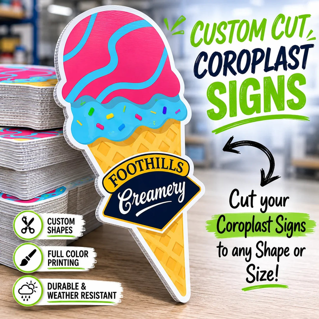 Custom cut Coroplast sign in the shape of an ice cream cone for Foothills Creamery.