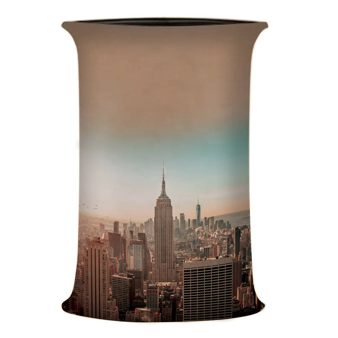 Custom fitted table cover featuring a New York City skyline cityscape print